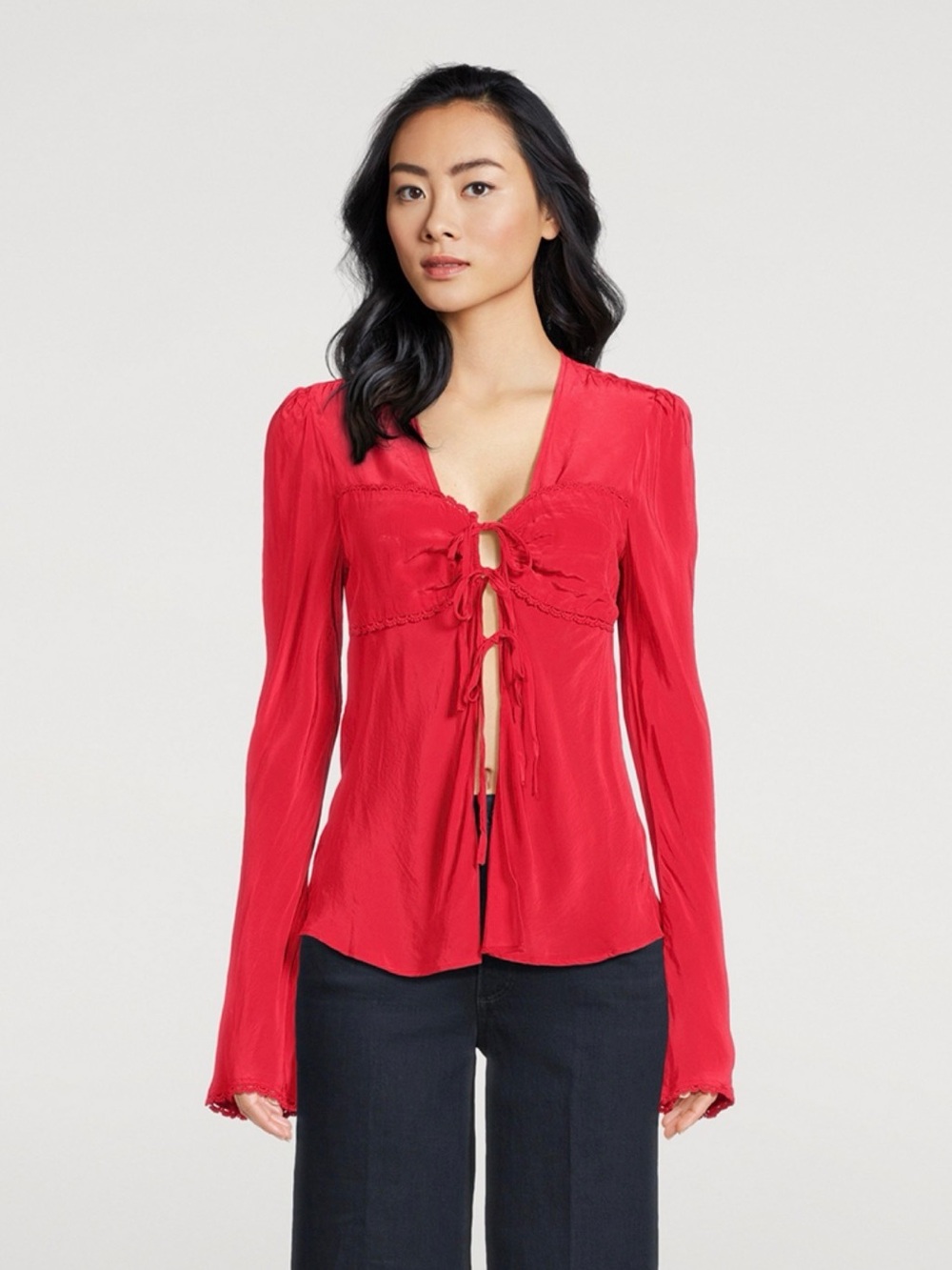 Free People Red Tie-Front Long Sleeve Blouse